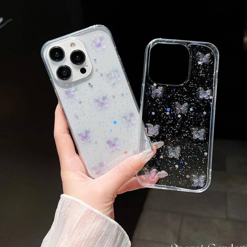 Casing Bening Glitter Kristal Kupu-Kupu Ungu Untuk Iphone14 13 12 11 Pro MAX Plus Mini Cases Mewah Shockproof Cover Untuk iPhone X XS MAX XR 7 8 Plus SE 2022 2020 14Plus 13Mini 12Mini