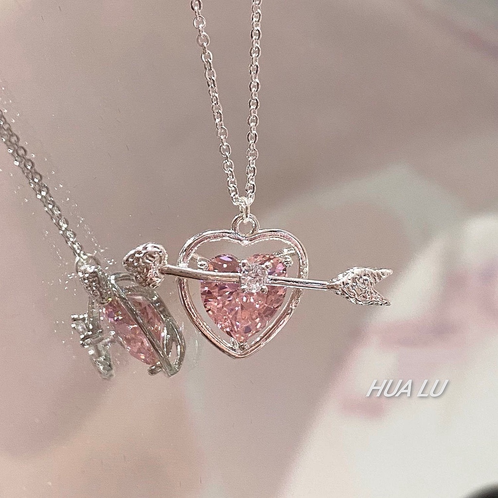 Kalung Rantai Silver Sweet Pink Zircon Bow Wing Butterfly Heart Key Pendant Choker Untuk Perhiasan Aksesoris Wanita