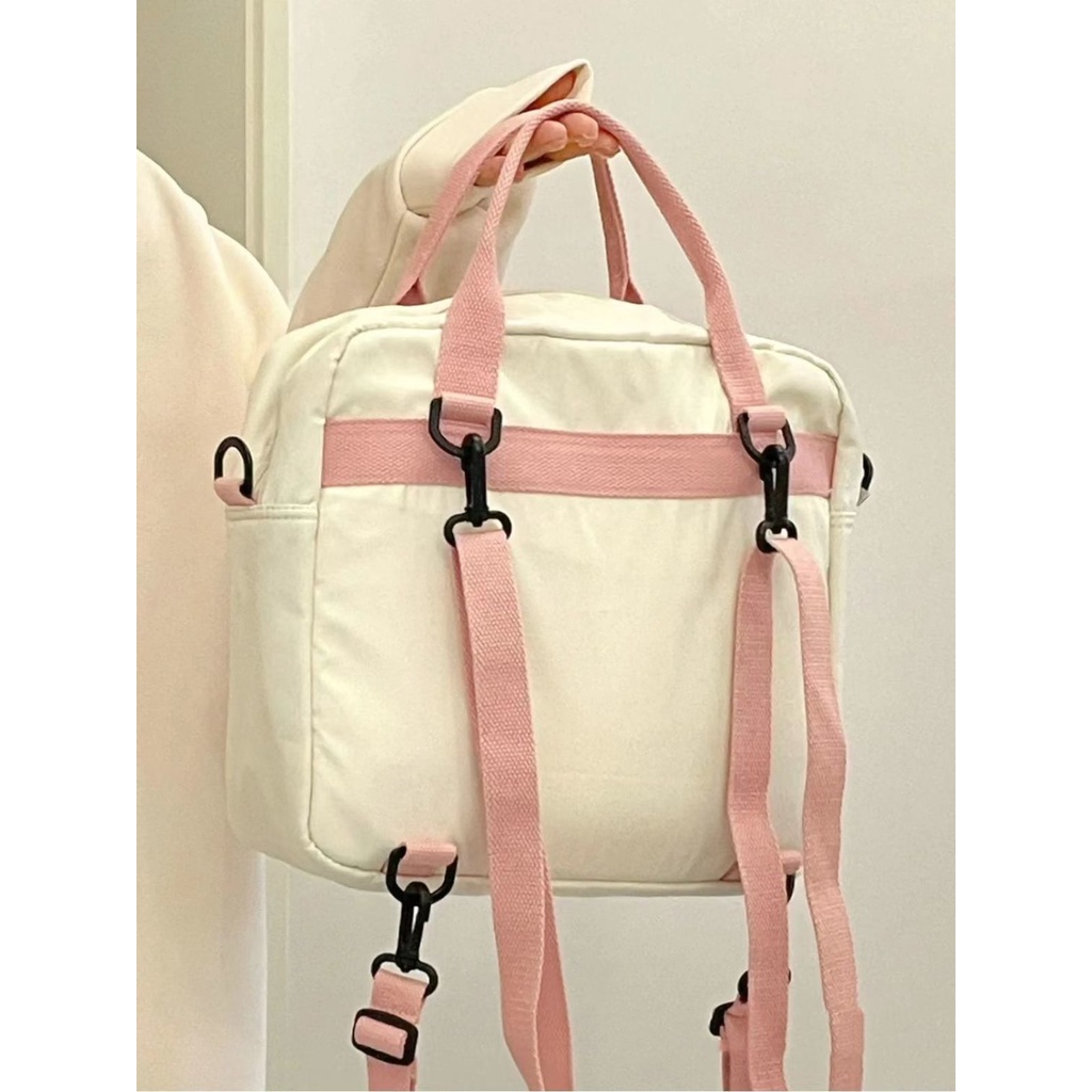 ♣Sera Toko  Strawberry Beruang Warna Kontras Kanvas Satu Bahu Messenger Tas Wanita Kartun Lucu Tas Laptop Musim Gugur dan Musim Dingin Ransel Serbaguna