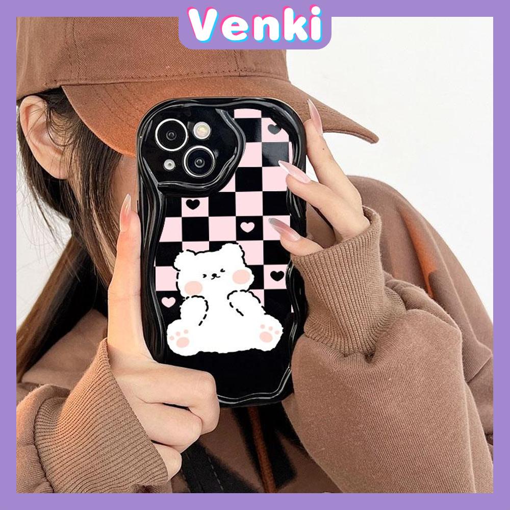 Case for iPhone 11 Pro Max TPU Soft Glossy Curved Wave Case Cute Checkerboard Cartoon Bear Camera Protection Shockproof For iPhone 14 13 12 11 Plus Pro Max 7 Plus X XR