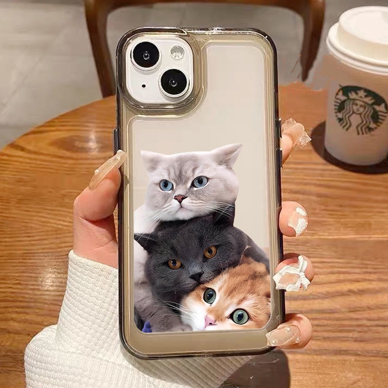 IPHONE Tiga Kucing Soft Case Kompatibel Untuk Casing Iphone11 14 13 12 Pro XS Max X XR 7 +8 6 6S Plus TPU Transparan Unik Tombol Cover Pelindung Kamera