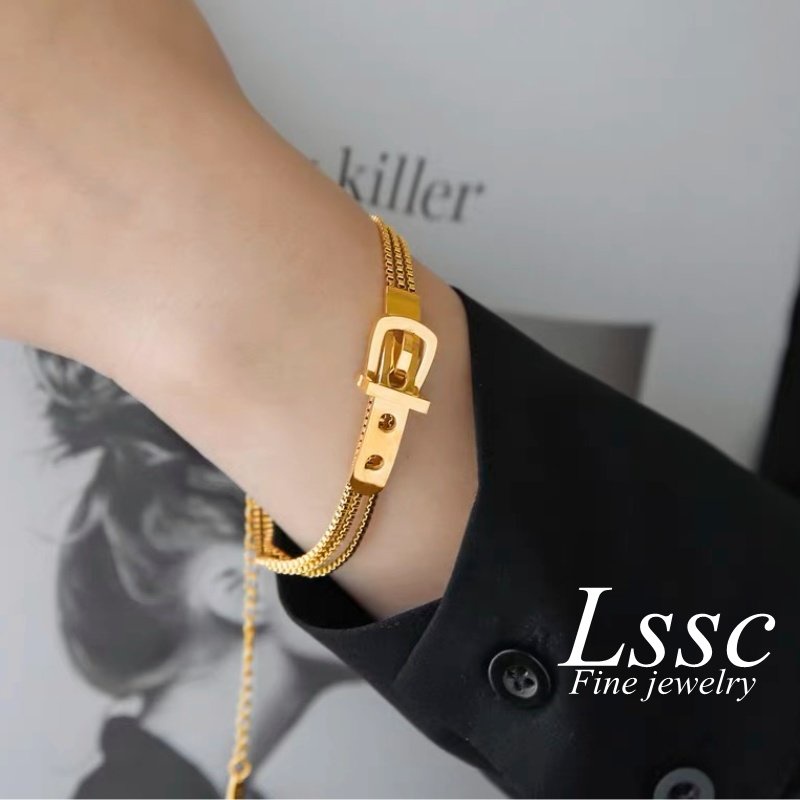 Gelang Titanium Wanita Anti Karat Gesper Sabuk Emas 18K Elegan Cantik Korea Aksesoris Perhiasan Fashion