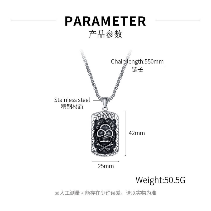 [X C Kalung] Baru Silvery Square Skull Head Titanium Steel Liontin Punk Hip Hop Stainless Steel Kalung Hadiah Pesta Ulang Tahun Untuk Pria Dan Wanita