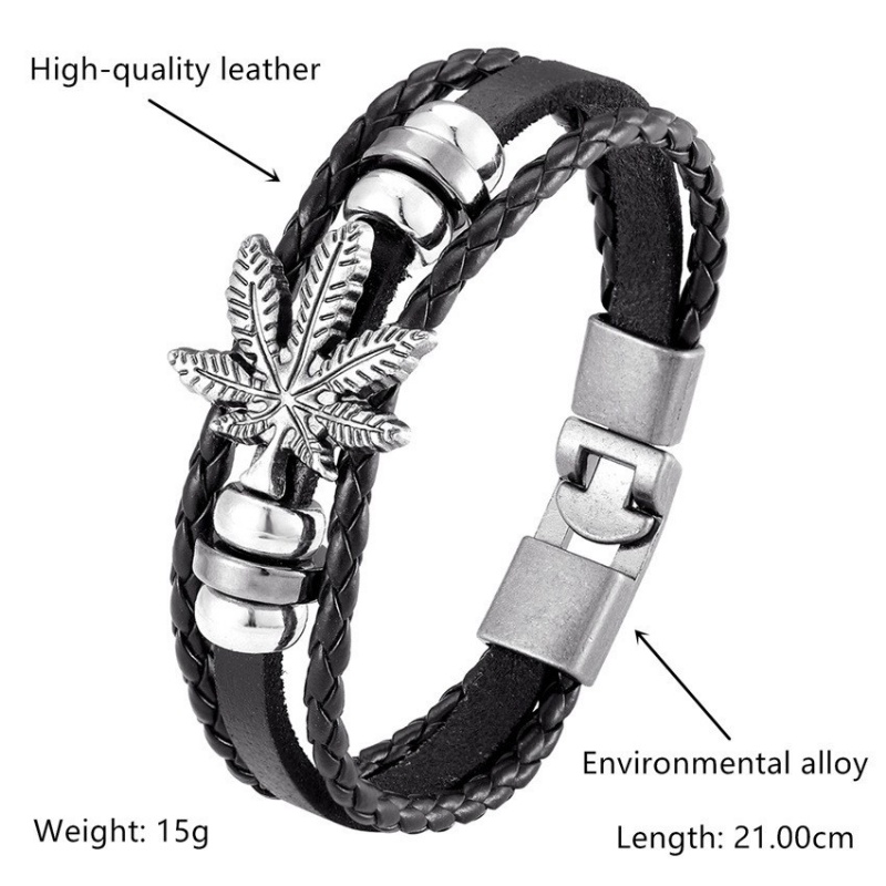 [X C Gelang] Baru Maple Leaf Style Gelang Kulit Hitam Vintage Hip Hop Punk Gelang Kulit Lengan Manik-Manik Multilayer Zinc Alloy Anyaman Gelang