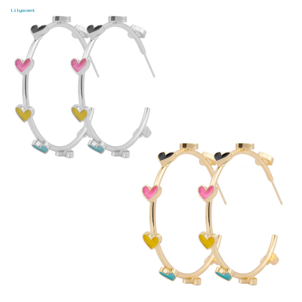 Lilyscent 1pasang Hypoallergenic Stud Earrings Aksesoris Perhiasan Berwarna Cinta Hati Hoop Earrings Geometris