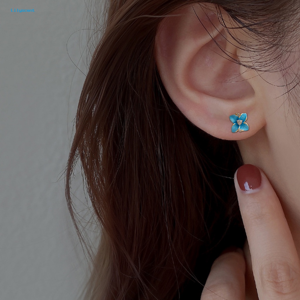 Lilyscent 1pasang Electroplating Women Stud Earrings Untuk Pacaran Bunga Gardenia Biru Women Ear Studs Jewelry Geometric