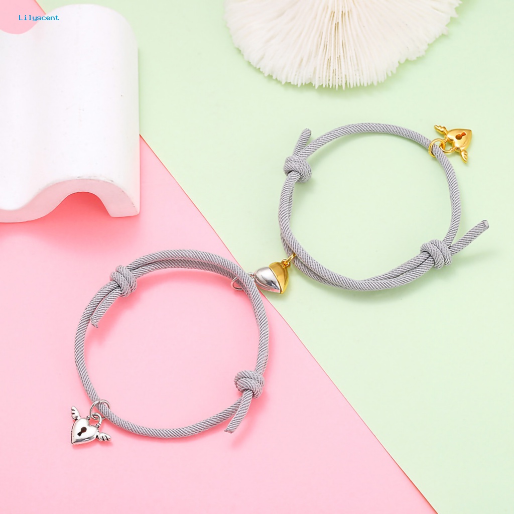 Lilyscent 1pasang Gelang Pasangan Elastis Aksesori Perhiasan Berbentuk Hati Jarak Magnet Atraksi Bracelets Nylon Hand Strap