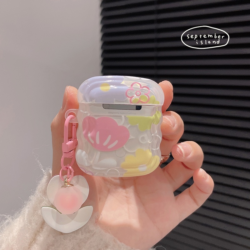 Korea Segar Bunga Pelindung Case Kompatibel Untuk Airpods1Per2Per3 Lucu Bergelombang Pinggiran Penutup Untuk AirPods Pro2 Bluetooth Earphone Case Keyring