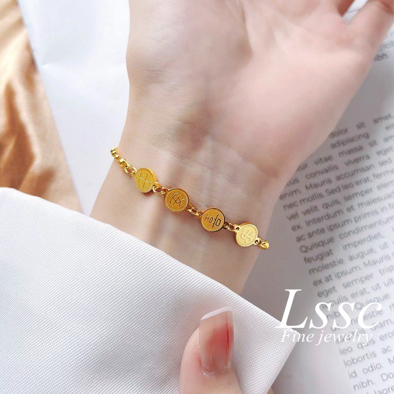 Gelang Manik Titanium Wanita Anti Karat Emas 18K Karakter China Keberuntungan Aksesoris Perhiasan