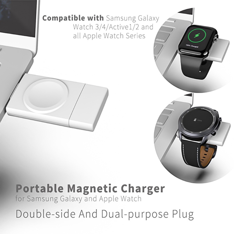 Kualitas Tinggi Nyaman Suhu Rendah USB/Tipe-C Dua Antarmuka 2.5W ABS Magnetik Charger Base Sederhana Portabel 2-in-1 Wireless Charger Aksesoris Jam Tangan Untuk Samsung/Apple Watch