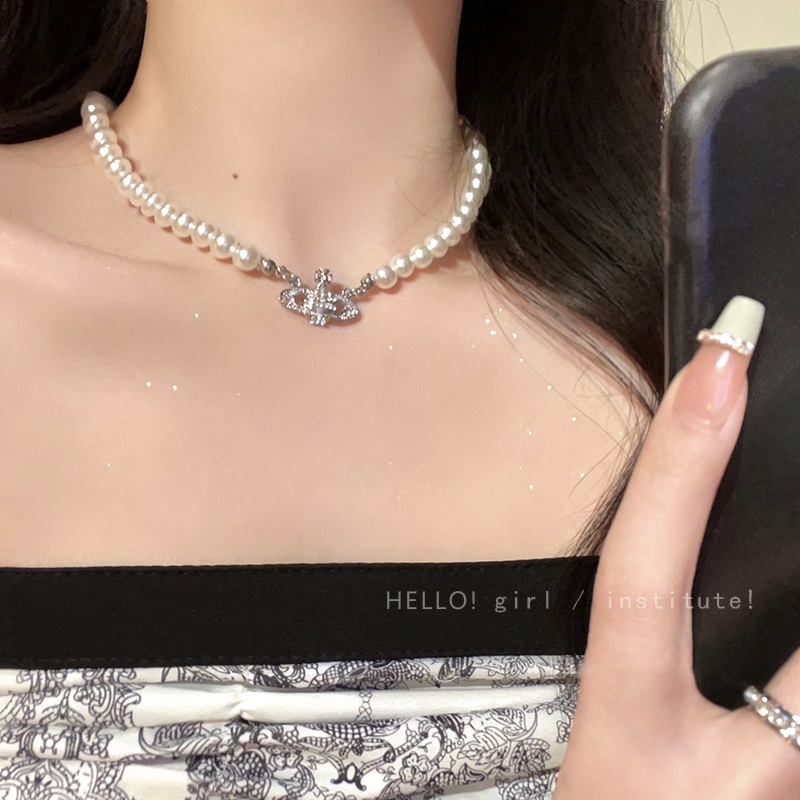 Kalung Klavikula Planet Kristal Manik Mutiara Rantai Silver Choker Untuk Aksesoris Perhiasan Wanita