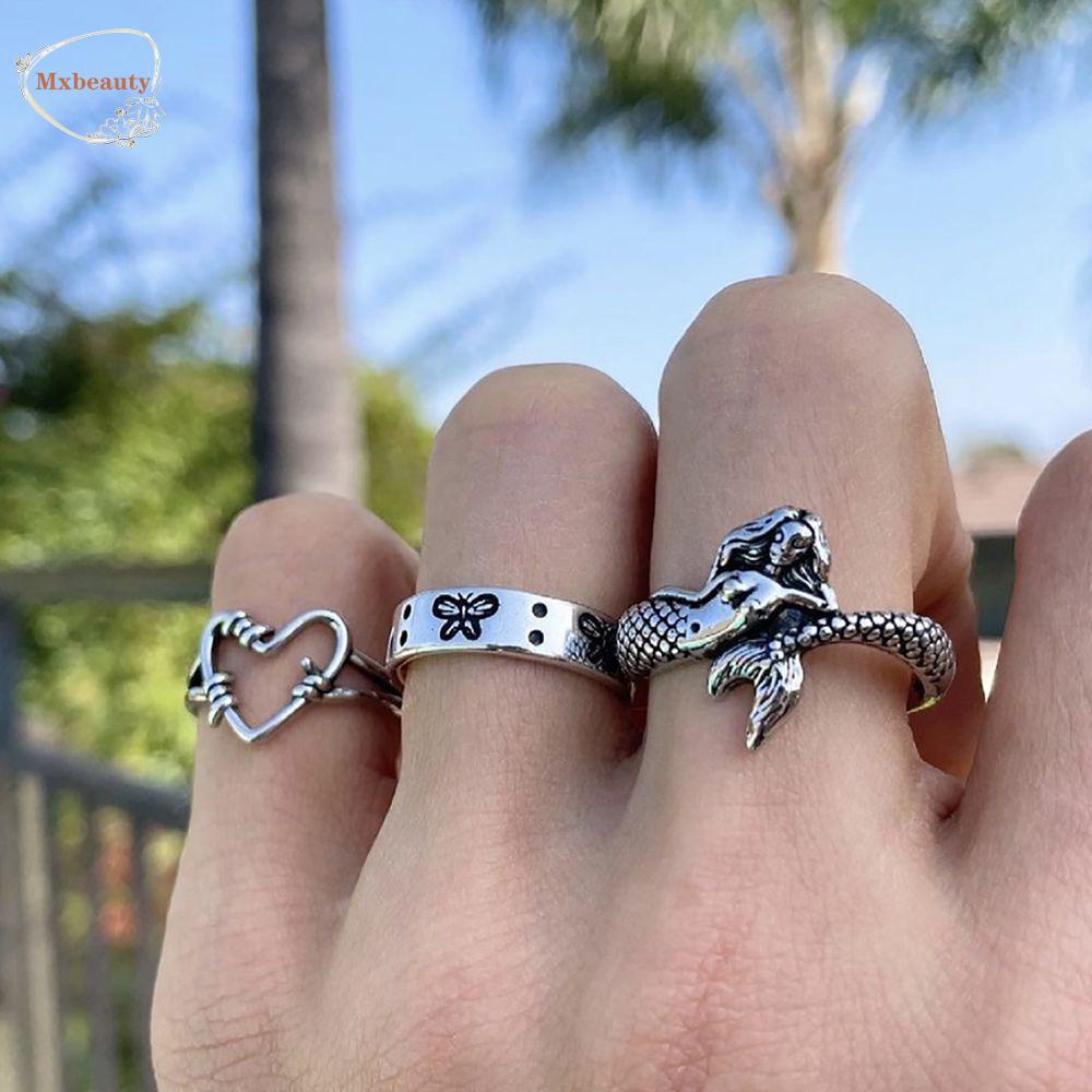 MXBEAUTY Adjustable Love Heart Ring Set Retro Women Finger Ring Korean Style Ring Trendy Punk Female Male Alloy Simple Fashion Jewelry