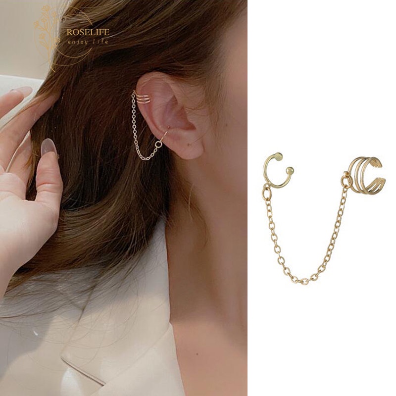 Roselife Non Tindik Emas Rumbai Rantai Klip Anting Untuk Wanita Gadis Chic Cuff Earrings Fashion Telinga Perhiasan Aksesoris 1 Pc