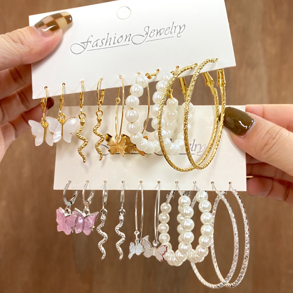 Yeezii Vintage Mutiara Emas Perak Hoop Earring Set Ular Hati Butterfly Drop Earrings Untuk Aksesoris Perhiasan Wanita