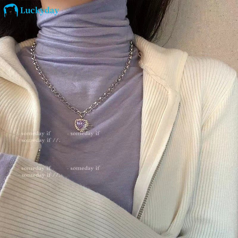 Yeezii Elegan Ungu Zirkon Jantung Liontin Kalung Kristal Perak Rantai Choker Untuk Wanita Perhiasan Aksesoris