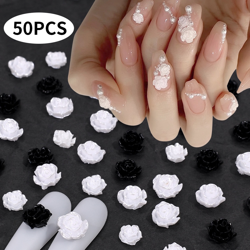 [Unggulan] 50 /100Pcs/Tas Elegan Glitter Dekorasi Kuku Hitam Putih Camelia Rose Stereo Hiasan Kuku Resin Camellia Nail Art DIY Manicure Aksesoris Nail Drill