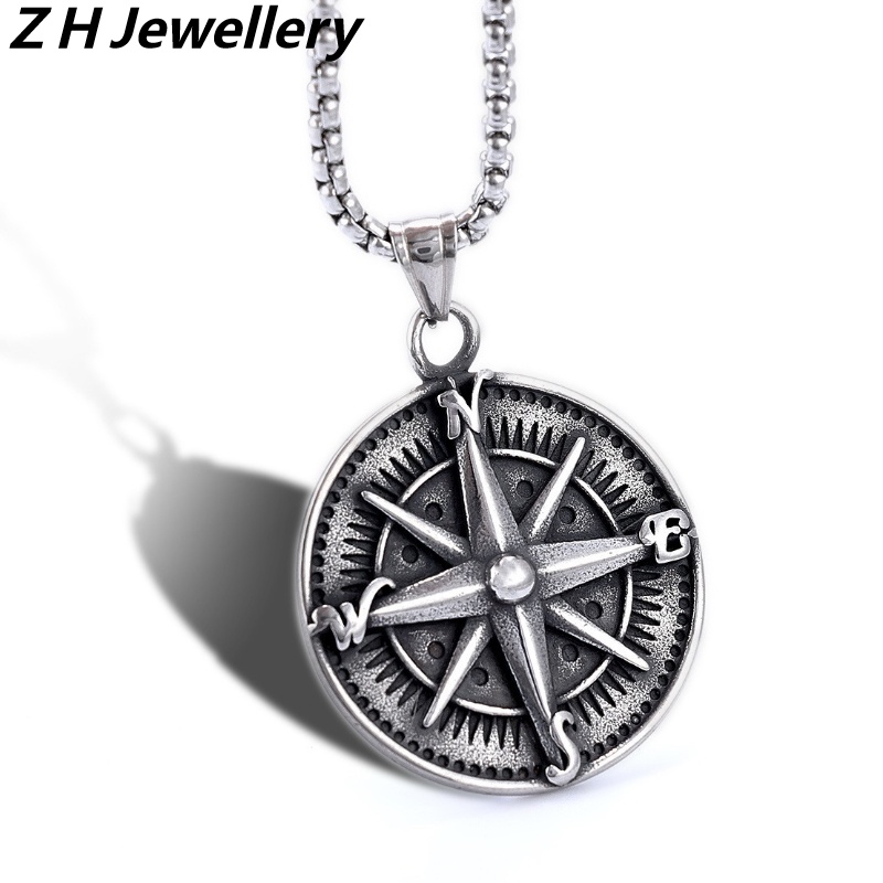 [Z H Perhiasan] Vintage Nordic Viking Kompas Gaya Hip Hop Liontin Pria Dan Wanita Fashion Stainless Steel Kalung Punk Pesta Rock Perhiasan Aksesoris