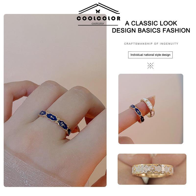 COD❤️Cincin Wanita Gold Gaya Korea disesuaikan Glasir Biru Salib Pola Enamel Untuk Unisex- cl