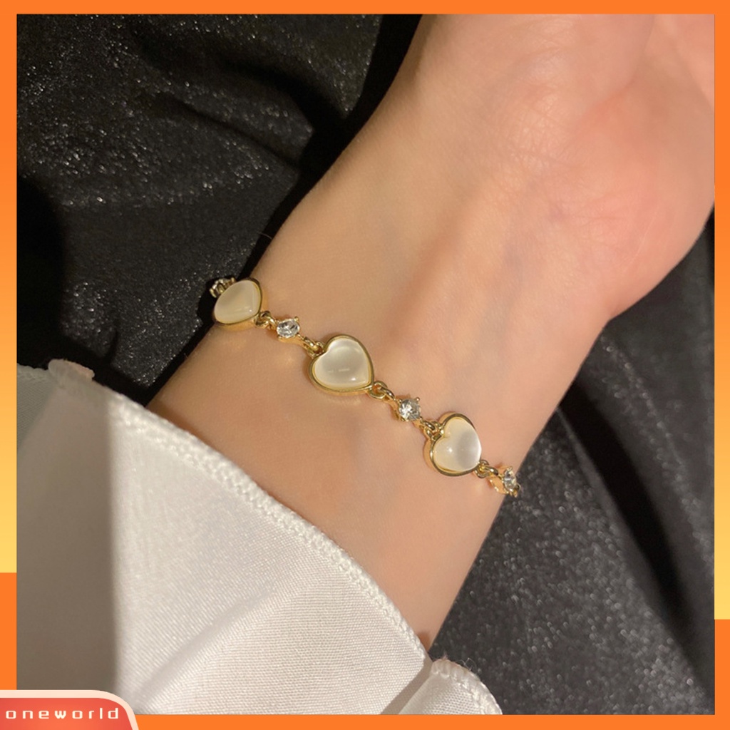 [ONE] Wanita Gelang Shiny Faux Cat Eye Stone Adjustable Golden Elegan Tiga Cinta Hati Pesona Wanita Bangle Fashion Perhiasan