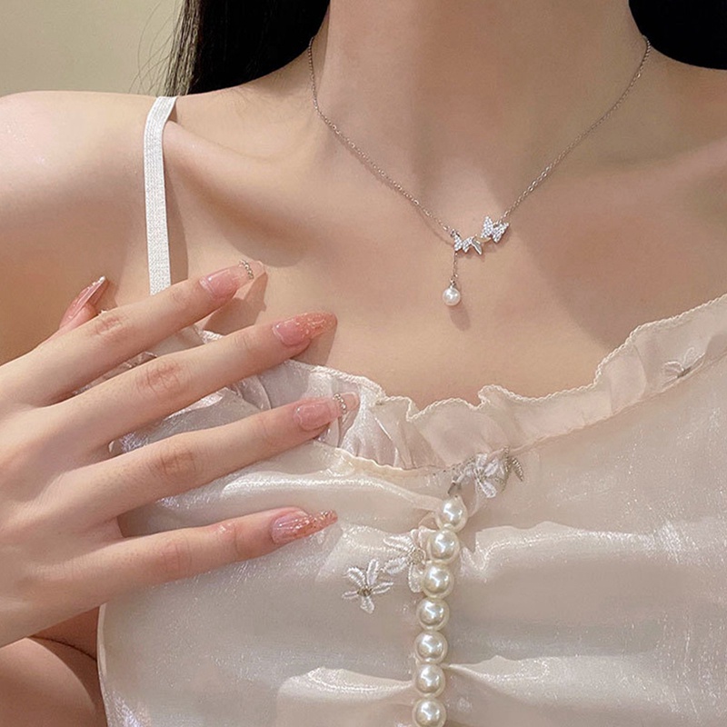 Kalung Liontin Kupu-Kupu Elegan Untuk Wanita Lady Charm Kristal Rantai Perak Rumbai Choker Perhiasan Hadiah