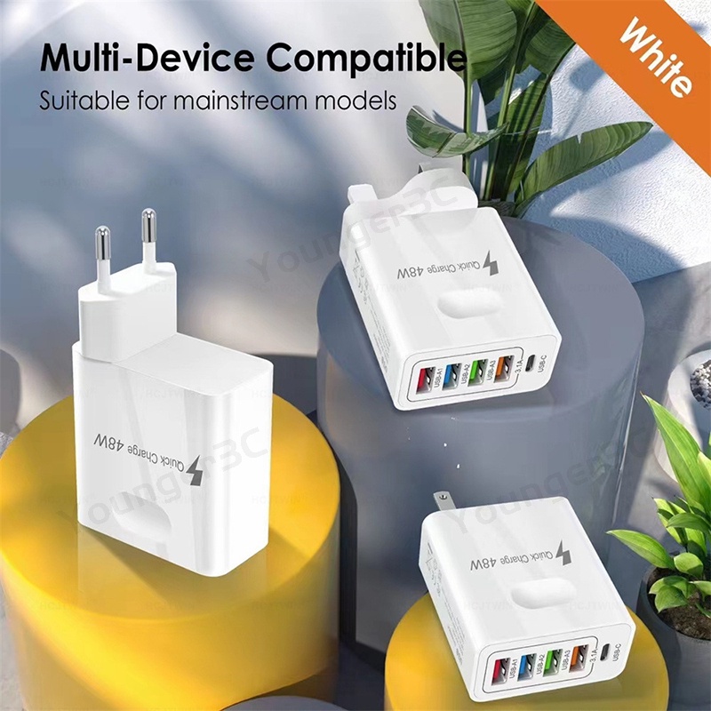 Grosir 48W 4U+PD Travel adoptor Charger 5in1 Charger Telepon Multi Antarmuka 2PD+adaptor Cas 3USB Untuk ios Micro Tipe C