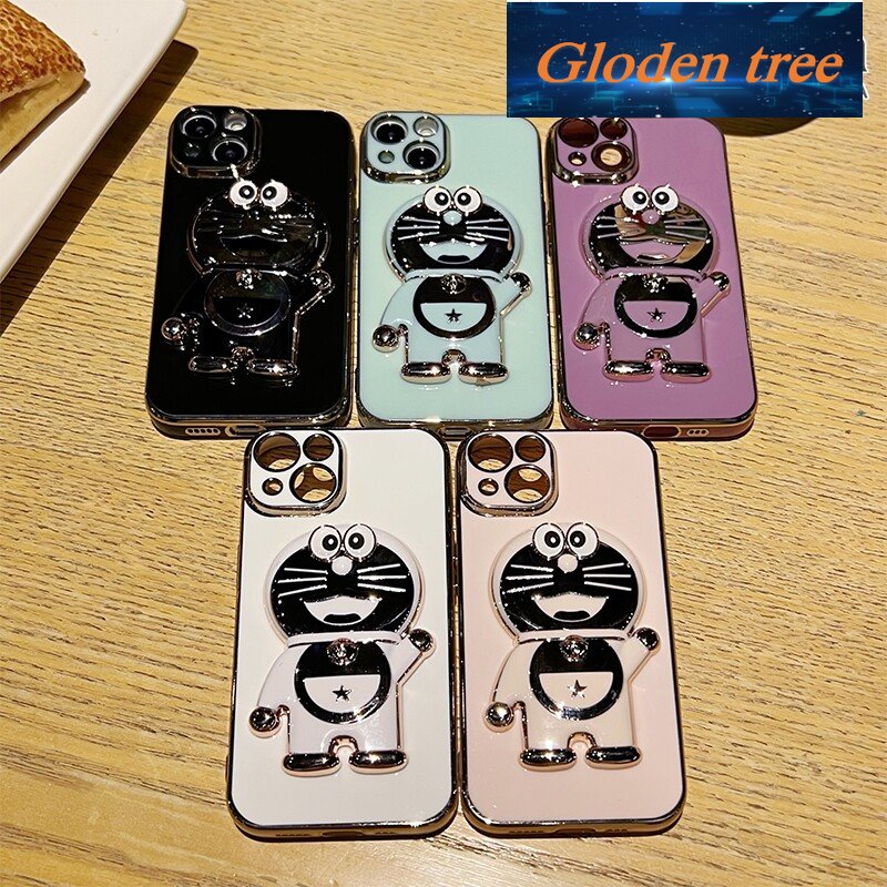 Gloden tree Casing Untuk OPPO A72 5G A73 5G A53 5G Case Fashion Kartun Doraemon Lipat Stand Phone Case Electroplating Shockproof Phone Holder Case