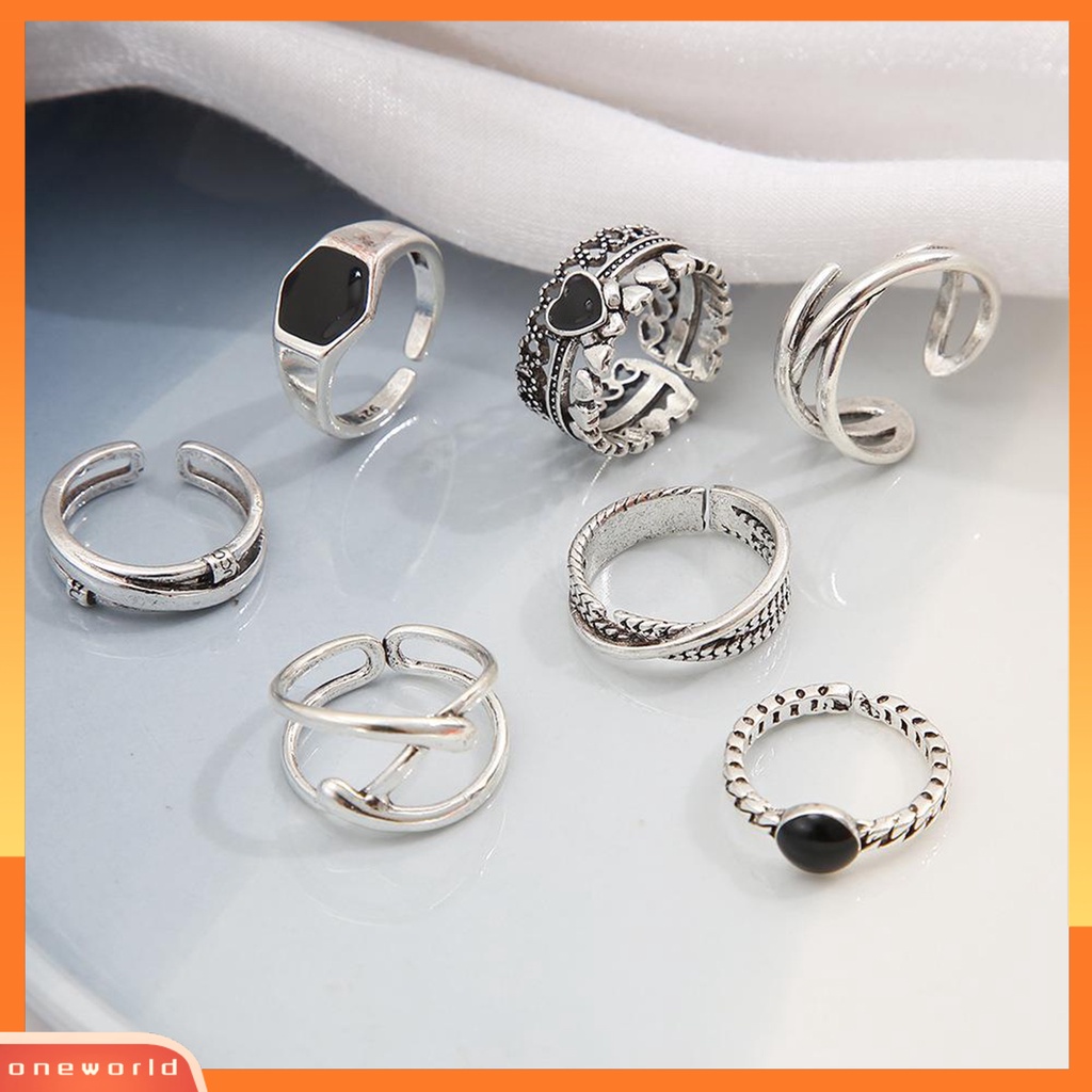 [EONE] 7pcs/set Wanita Cincin Punk Geometris Berlian Imitasi Hias Electroplating Terang Kilau Dekorasi Hadiah Wanita Cross Heart Knuckle Rings Trendy Perhiasan Untuk Pacaran