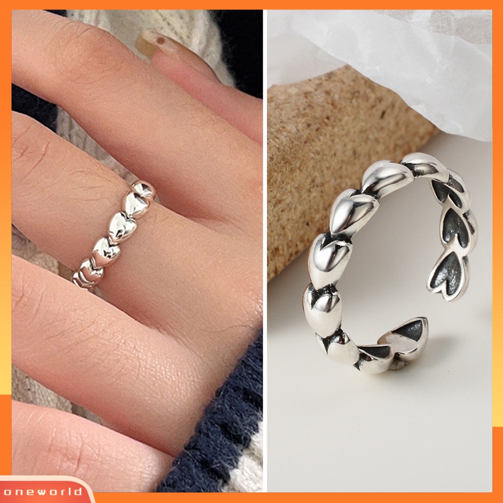[EONE] Wanita Cincin Pembukaan Adjustable Retro Elegan Warna Perak Hadiah Nonallergic Cinta Kecil Hati Jari Cincin Perhiasan Fashion
