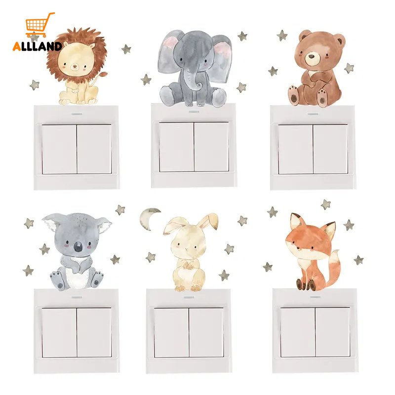 6pcs/set Stiker Dekorasi Saklar Kartun Hewan Yang Dapat Dilepas/Lovely Elephant Koala Rabbits Power Socket Decals