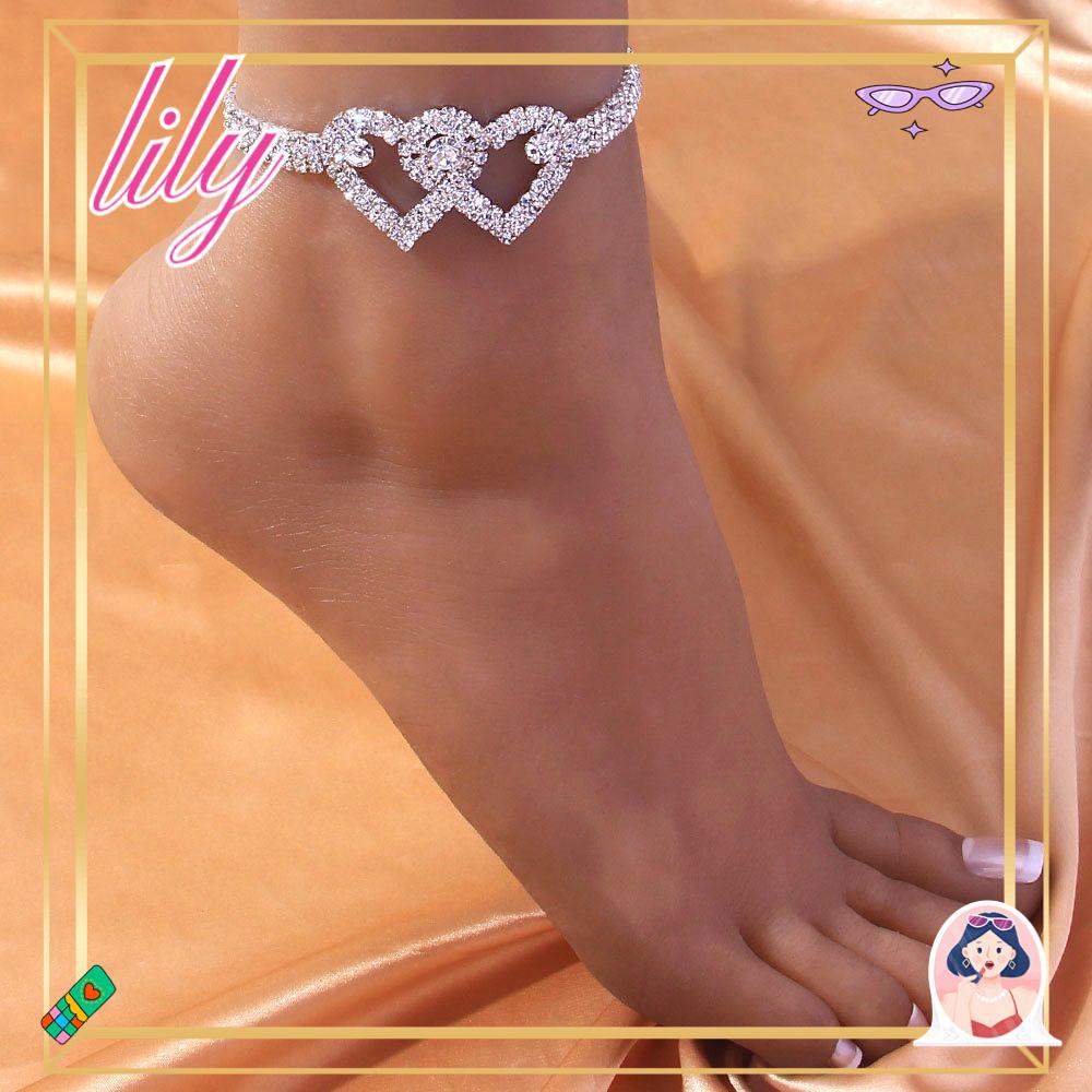 Lily Gelang Kaki Barefoot Rantai Bling Kristal Berongga Keluar Cinta Hati Ganda