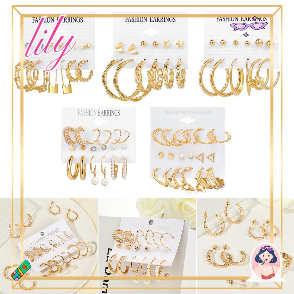 Lily 6pasang Anting Set Perhiasan Geometris Punk Vintage