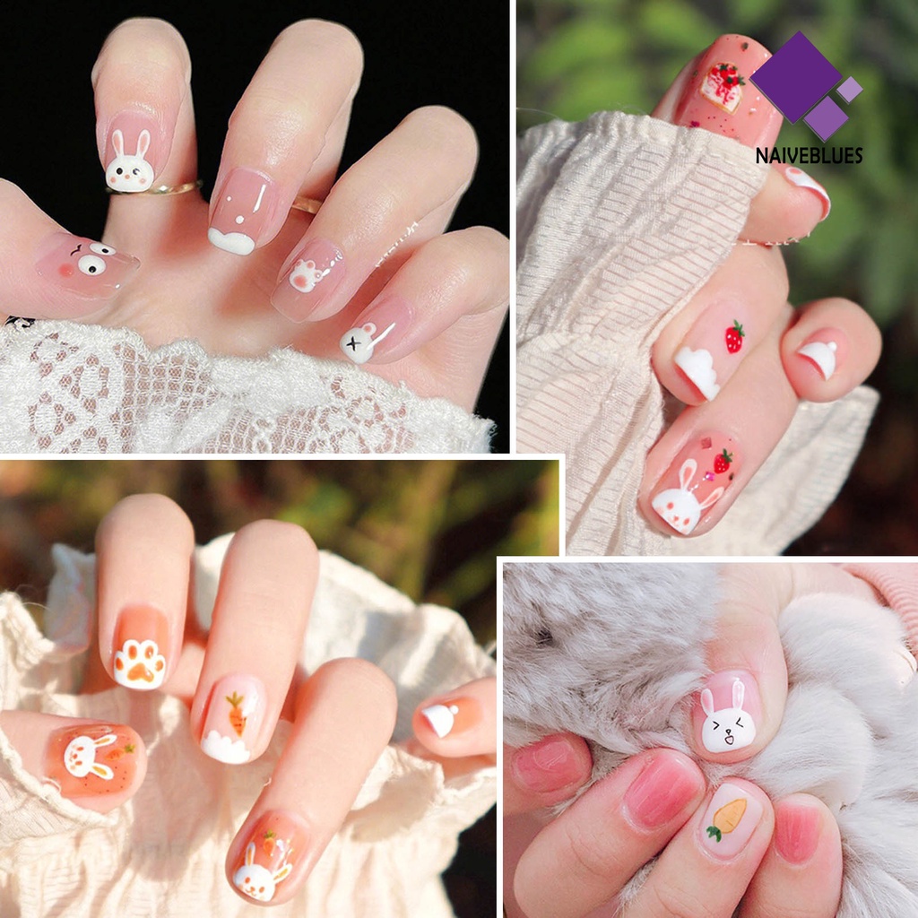 [naiveblues] 2 Pcs Kuku Decal Tidak Luntur Perekat Diri Yang Dapat Dilepas DIY Kartun Kelinci Wortel Stiker Manicure