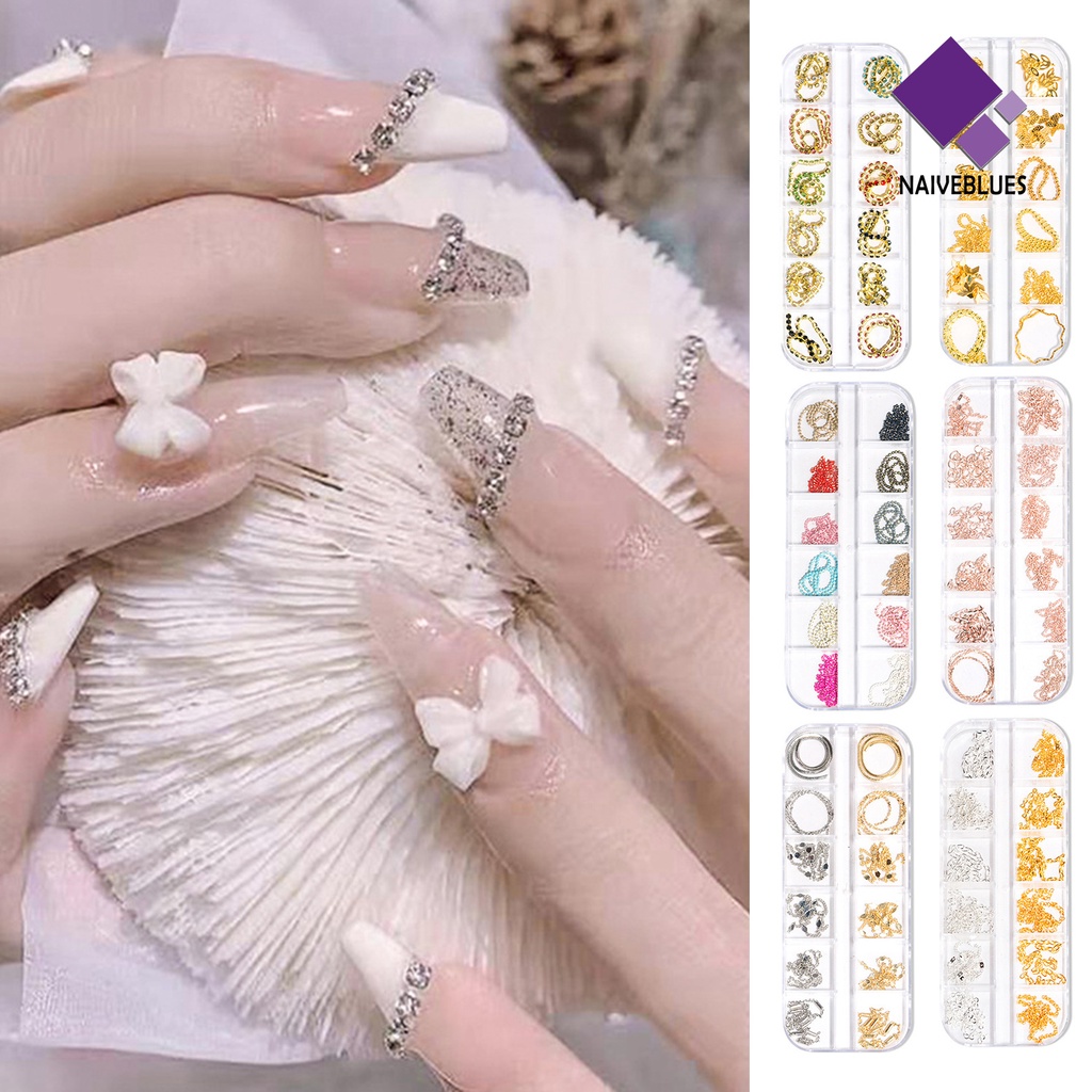 [naiveblues] 12pcs Rantai Manicure Aplikasi Lebar Indah Rantai Kuku Logam Perhiasan Kalung