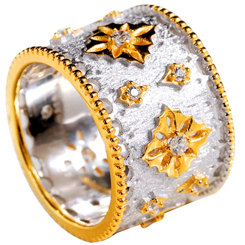 Goldkingdom Aksesoris Perhiasan Fashion Ready Stock Istana Gaya Ukiran Pengerjaan Emas Renda Rolling Bead Edge Snowflake Ring Edisi Lebar Cincin