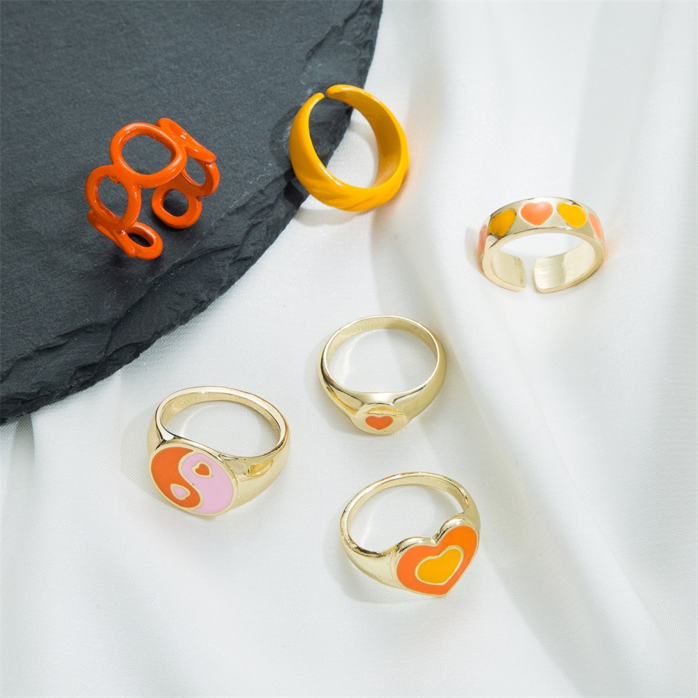 A HELLO GIRL 5pcs Set Set Cinta Kuning Berlapis Emas Geometris Cincin Wanita Gaya Korea Ins Tidak Teratur Cincin
