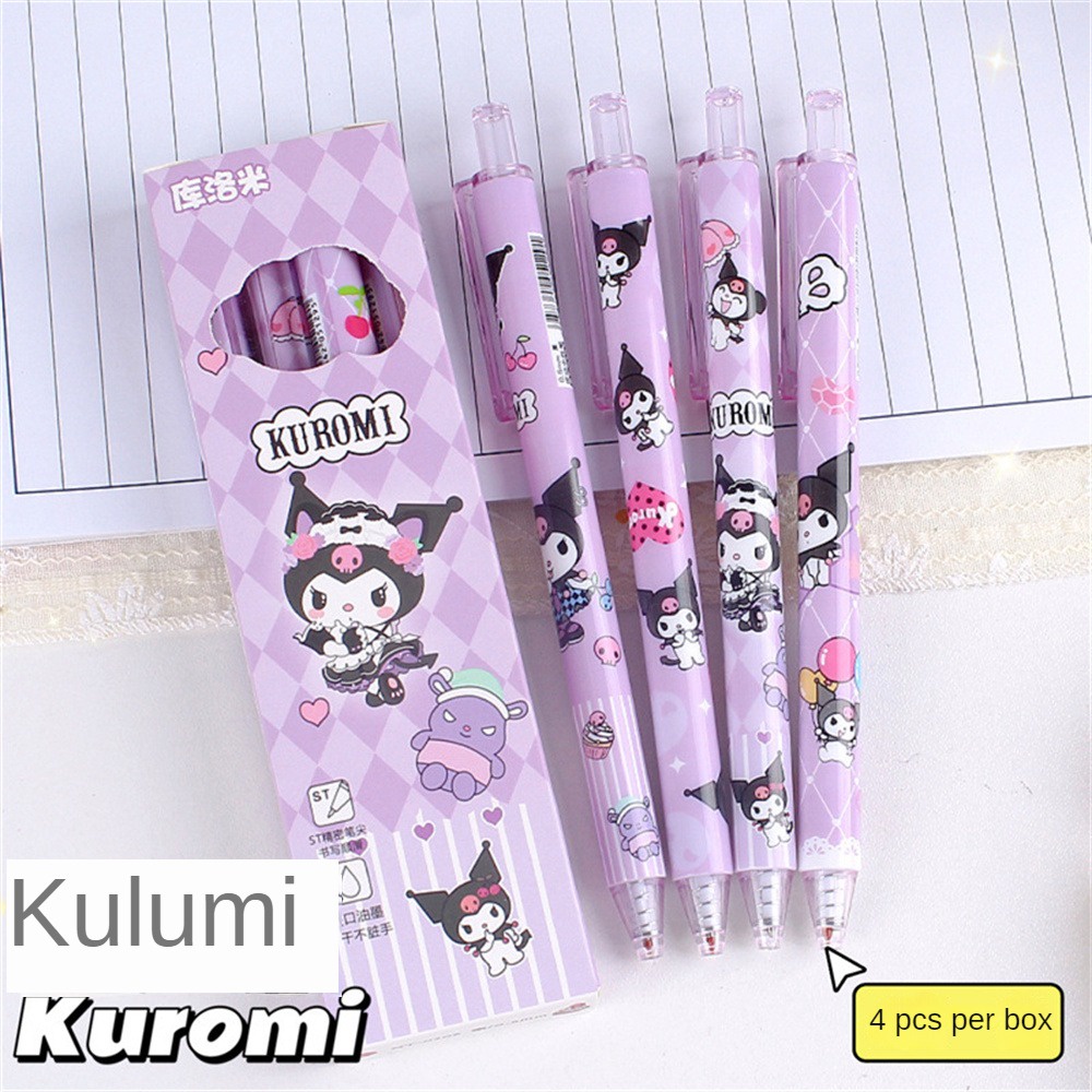 San4 Buah/Kotak Sanrio Pena Tekan Kartun Siswa Cepat Kering Kuromi Gel Pena Hitam 0.5M Pena Siswa Lucu untuk Hadiah Kawaii Anak-anak