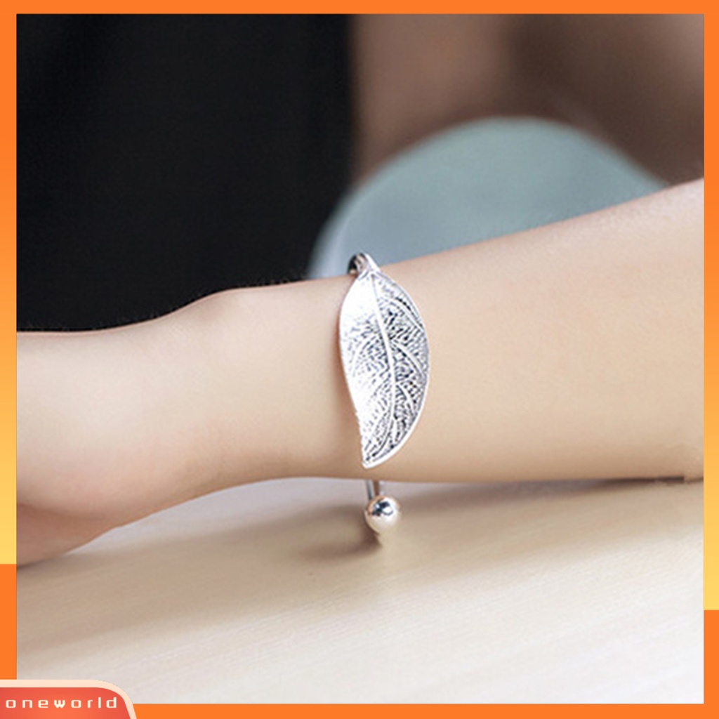 [EONE] Daun Gelang Sederhana Bersinar Adjustable Pembukaan Ujung Perak Disepuh Dekoratif Hadiah Wanita Leaf Bangle Wrist Cuff Jewelry Untuk Pernikahan