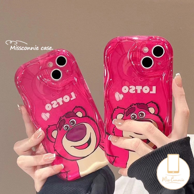 IPHONE Lovely Rose Red Strawberry Bear Manyo Phone Case Kompatibel Untuk Iphone11Xr 11 12 13 14 Pro Max X7 8 6s 6 Plus XS Max SE 2020 3D Wavy Curved Edge Glossy Shockproof Tpu Soft Cover