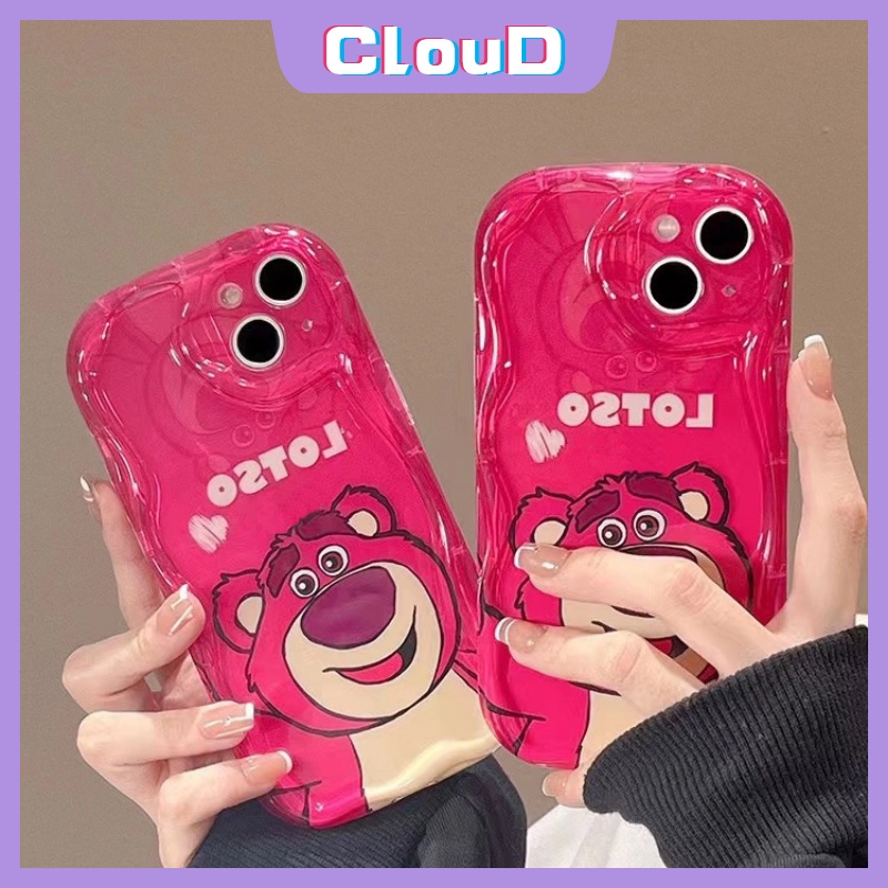 IPHONE Casing Glossy Tepi Melengkung Bergelombang Shockproof 3D Kompatibel Untuk Iphone11 12 14 13 Pro Max 7Plus XR 7 6s 6 8 Plus X XS Max SE 2020 Lembut Mawar Merah Kartun Imut Strawberry Bear Manyo Cover