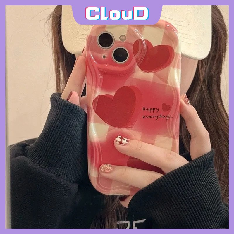 IPHONE Ins Fashion Cinta Hati Case Kompatibel Untuk Iphone11 14 13 12 Pro Max X7 8 6s 6 Plus XS Max 7Plus XR SE 2020 Shockproof Lembut Glossy 3D Wavy Curved Edge Phone Cover