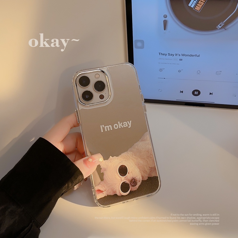 IPHONE I AM OKAY Lazy Laying Puppy Dog Dengan Kacamata Hitam Telepon Musim Panas Mirror Case Electroplated Camera Frame Cover Untuk Iphone11 12 13 14 PLUS PRO MAX