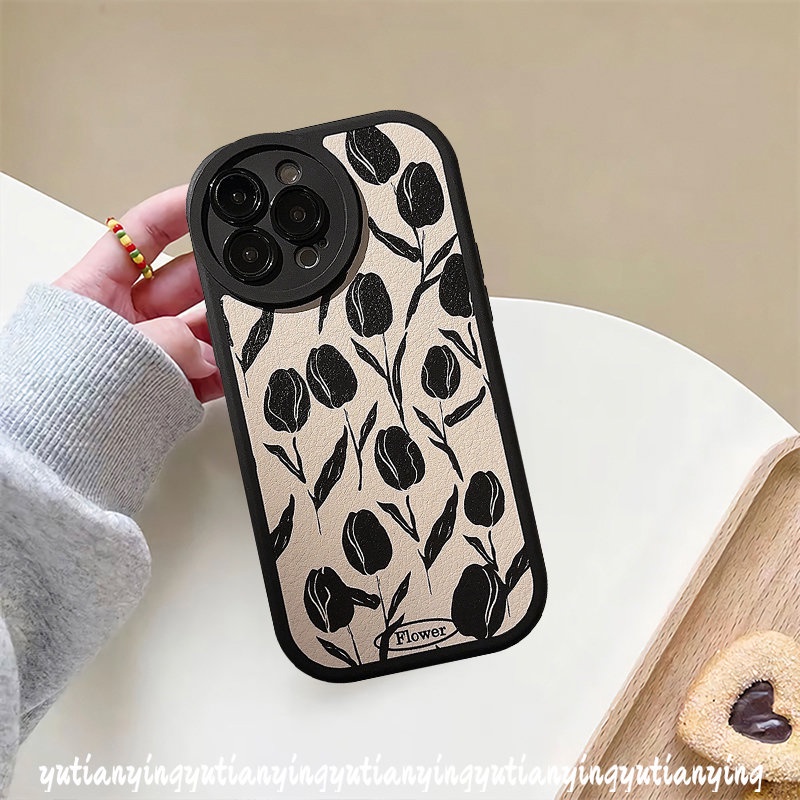 Happy Grid Big Dots Phone Case Kompatibel Untuk IPhone XR XS X Max11 13 12 14 Pro Max 7Plus 6s 6 7 8 Plus SE 2020 Shockproof Vintage Bunga Tulip Soft Cover