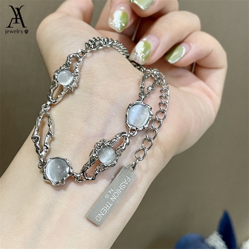 Ay (CN) Fashion Moonstone Splicing Bracelet Gelang Rantai Perak Untuk Aksesoris Perhiasan Wanita