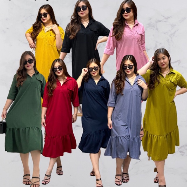 BAJU DRESS MINI MIDI DASTER KOREA VIRAL KEKINIAN WANITA DEWASA JUMBO OVERSIZE LENGAN ¾ PENDEK KATUN 