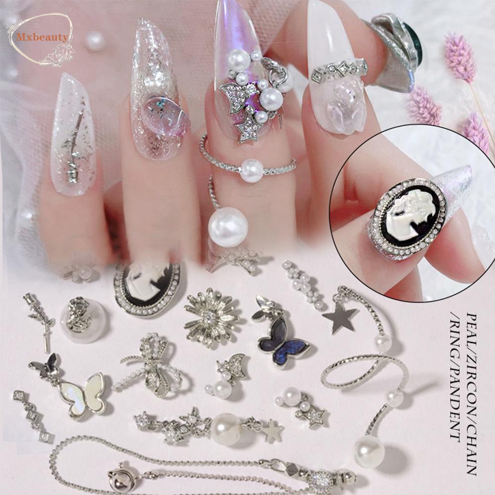 Mxbeauty Kupu-Kupu Nail Art Dekorasi Mewah Shiny Pendant Chains Mutiara Logam Kristal Kuku Zirkon