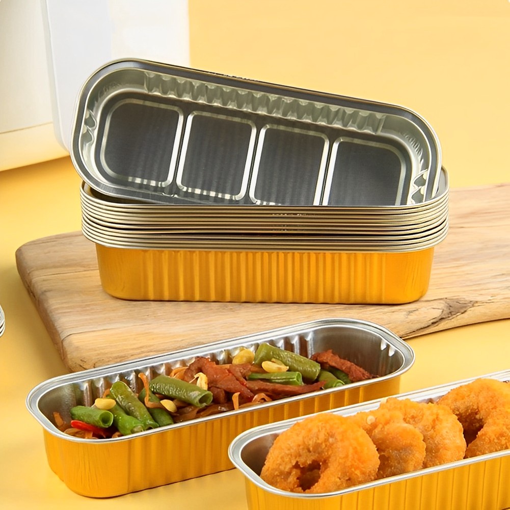 5per10pcs Golden Aluminium Foil Menebal Loyang Karton/Rectangular Air Fryer Baking Pan Cake Cup/Kotak Makan Durian Panggang Sekali Pakai Take-out Packing Box/Aksesoris Baking