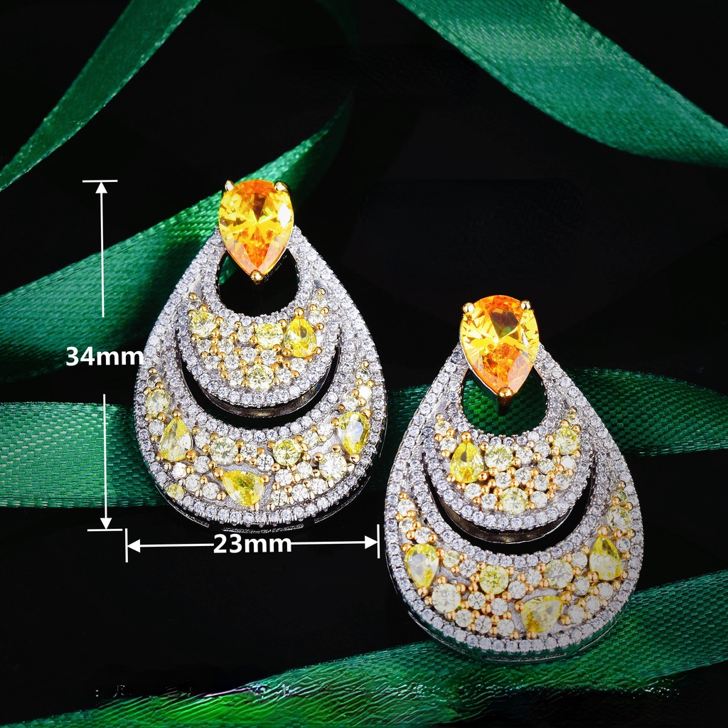 Goldkingdom Aksesoris Perhiasan Fashion Ready Stock Baroque Earrings Sedikit Set Dengan Berlian Kuning, Anting Pejantan Kurus Bergigi Berkilau Super