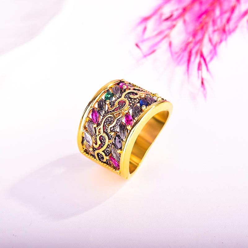 Goldkingdom Aksesoris Perhiasan Fashion Ready Stock Gaya Gothic Mewah Cincin Batu Permata Berwarna Cincin Pertunangan Emas Untuk Wanita