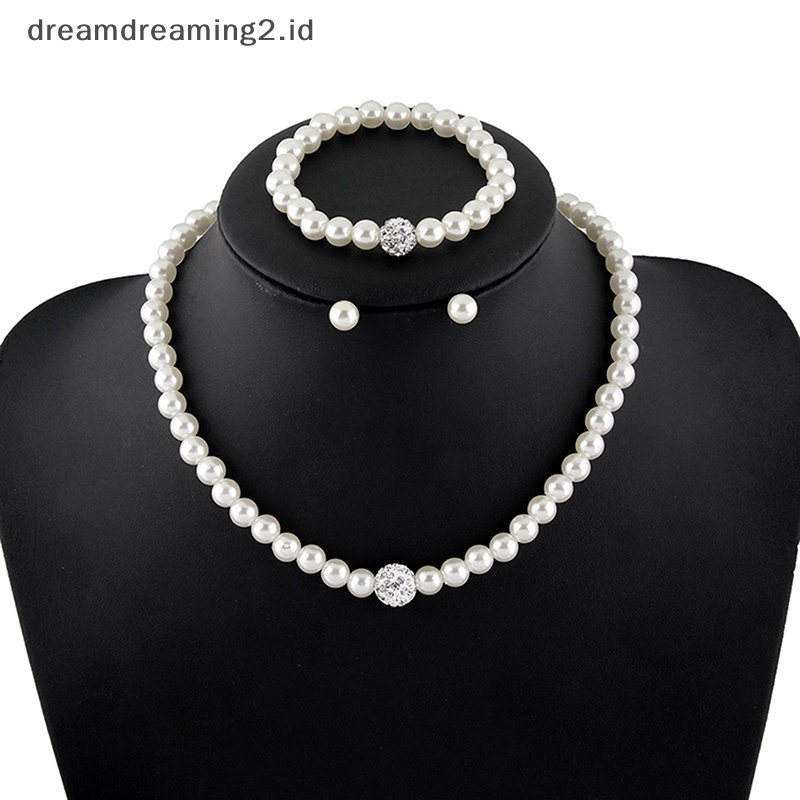 (drea) Set Perhiasan Mutiara Fashion Bola Mutiara Kalung Anting Gelang Set//