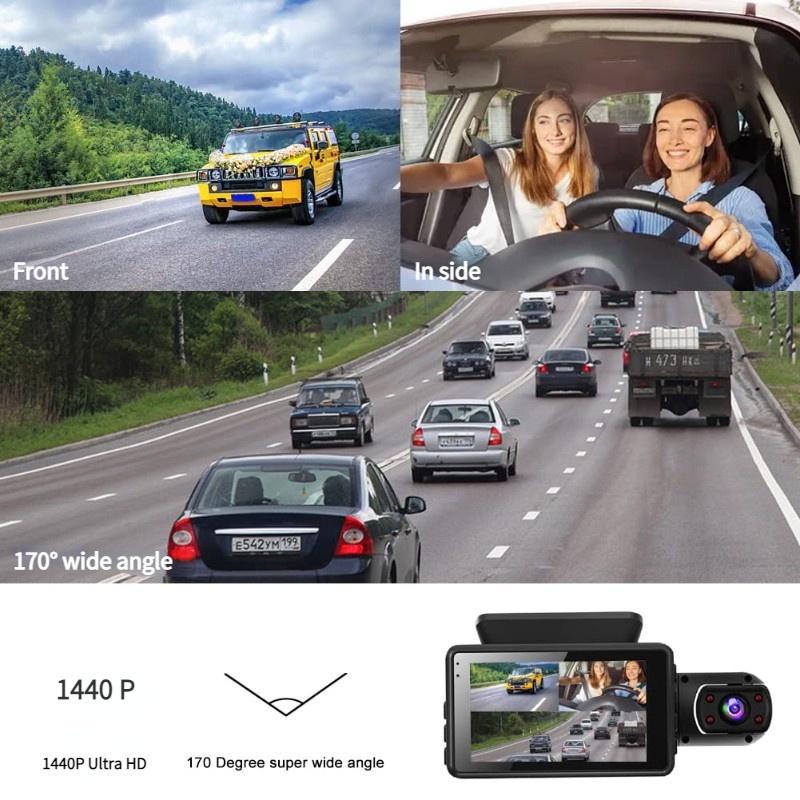 Dash Cam Mobil 1440p Dual Lens Front Inner Night Vision 3&quot; Ips Screen G-sensor 170°angle Loop Recording